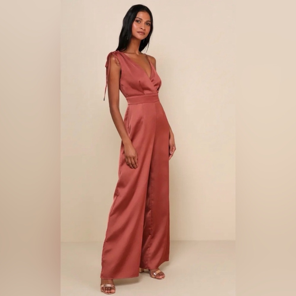 Renamed Look of Luxe Rust Satin Jumpsuit Wide Leg Size Small - Picture 4 of 13